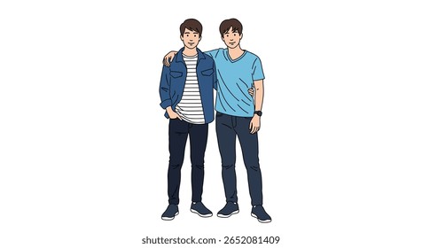 Two young men stand together with arms around each other showing friendship and companionship