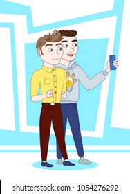 Two Young Men Taking Selfie Photo Together Make Self Portrait