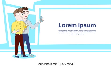 Two Young Men Taking Selfie Photo Over Background With Copy Space