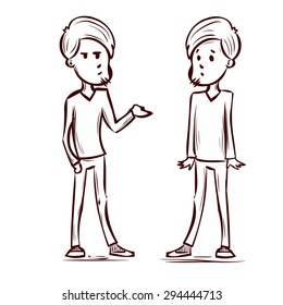 Two young men talk, lead a discussion. Hand drawn cartoon vector illustration.