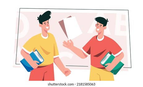 Two young men are talking, discussing or sharing ideas. Flat illustration.