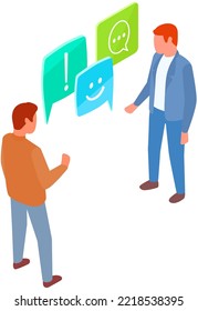Two young men are talking, discussing or sharing ideas. People communicating in social media. One person with speech bubble explain something to another. Cooperation or business dialog at meeting