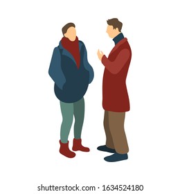 Two young men talking. Friends, mates chatting. People outdoors isolated on white background. Flat cartoon people vector illustration 