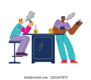 Two Young Men Or Teenagers Vaping In Cafe, Flat Vector Illustration Isolated On White Background. Smoking Electronic Cigarettes Inside Of Bar Or Cafe. Concepts Of Addiction And Smoking Alternatives.