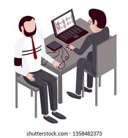 Two young men are undergoing a lie detector test. The polygraph detect lies and truth. Template for business. Vector infographics in flat style isolated on white.