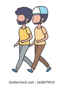 two young men walking cartoon characters vector illustration