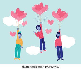 Two young men and woman characters floating in the clouds. Hanging on heart shaped balloons. Flat vector character illustration.