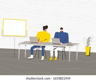 Two young men work or study together. Boys sitting at the desk and using their computers. Vector flat illustration.