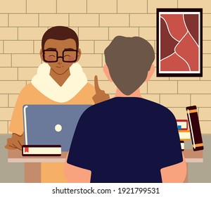two young men working with laptop in the room home vector illustration