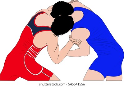 two young men wrestlers during Greco-Roman wrestling at competitions. background referee of fight