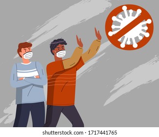 Two young mix race men wearing face medical masks show stop gesture to crossed out virus sign. Attention to world pandemy. People protesting against spreading virus pandemic. Cartoon characters