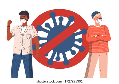 Two young mix race men wearing face medical masks call to stop spreading virus. Crossed out sign with dangerous coronavirus. People show a stop gesture, attention to world pandemic. Concept of covid19