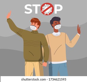 Zwei junge Mix-Rennen Männer, die Gesichtsmasken tragen, rufen dazu auf, die Verbreitung von Viren zu stoppen. Die Menschen zeigen Stoppgesten, Aufmerksamkeit auf die weltweite Pandemie. Konzept von covid19. Zeichenkettenvektor-Zeichen in flachem Stil
