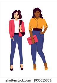 Dos jóvenes mujeres modernas - estudiantes universitarios de diferentes tamaños y orígenes: asiático y afroamericano, delgado y con un tamaño añadido. Ambos son elegantes en vaqueros. Ilustración vectorial aislada en fondo blanco.