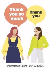 Dos jóvenes mujeres modernas que se comunican con la burbuja del habla y escriben Gracias y Muchas gracias. Día Internacional De Las Gracias. Ilustración vectorial plana aislada en fondo blanco.