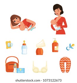 Dos madres jóvenes y artículos relacionados con el tema de la lactancia materna. Mujeres alimentando a sus recién nacidos. Madre e hijo. Iconos vectoriales planos