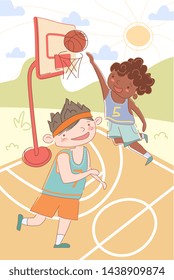 Two young multiethnic boys playing basketball on an outdoor court in summer sunshine in a health and fitness concept