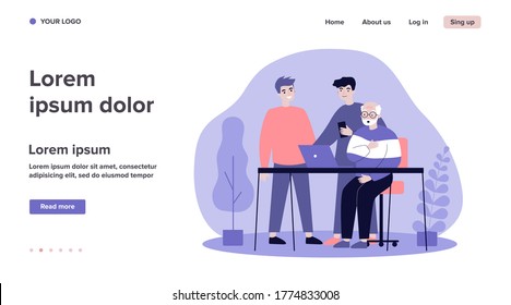 Two young and one senior men watching movie. Guys explaining to granddad how to use laptop flat vector illustration. Technology and entertainment concept for banner, website design or landing web page