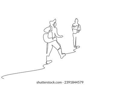 two young people backpacking together outdoor outside hike lifestyle line art design
