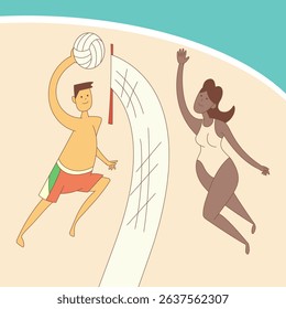 Two young people, black woman and caucasian man playing beach volleyball, wearing swimwear