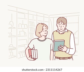 two young people in a bookstore reading something in a book with many bookshelves. Hand drawn style vector design illustrations.