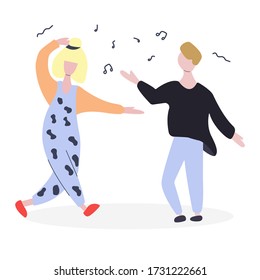 Two young people dancing together. Flat vector illustration. 