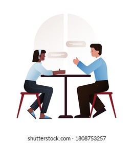 Two Young People Different Races Sitting Next To Each Other In Cafe, Talking On Isolated Background. Fashion Concept. Business People. Website Template. Landing Page.