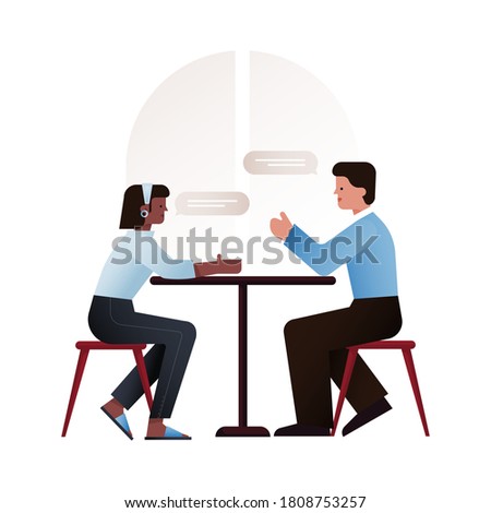 Two Young People Different Races Sitting Next to Each Other in Cafe, Talking on Isolated Background. Fashion Concept. Business people. Website Template. Landing Page.