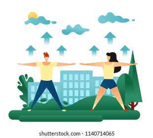 Two Young People Doing Exercises in the City Park. Healthy Lifestyle. Level Increase Sport Concept Vector Illustration 