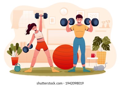 Two young people doing exercises with dumbbells at home. Illustration collection of home gym workout in flat cartoon style.