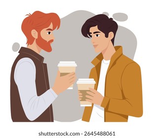 Two young people drinking coffee in the morning and talking. Small talk in a cafe. Meeting of two friends. Vector hand drawn illustration