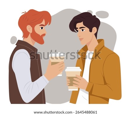 Two young people drinking coffee in the morning and talking. Small talk in a cafe. Meeting of two friends. Vector hand drawn illustration