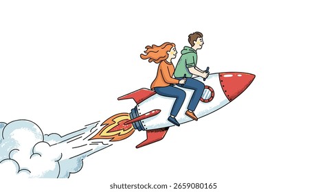 Two young people embark on an exciting journey riding a rocket ship into the clouds