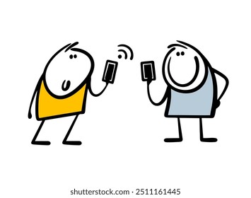 Two young people  are exchanging wifi on the street. Vector illustration of cartoon stickman and free internet. Isolated doodle characters on white background.