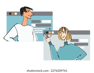 Two Young people in front of a computer screen. line illustrations, Flat style, isolated vector element, hand lettering
