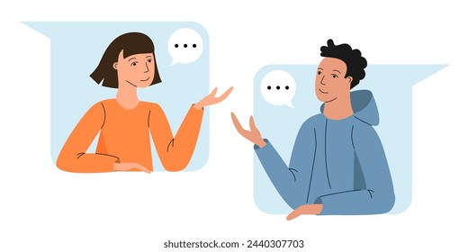 Two young people have online video conference at computer screen, chatting with friends or colleagues, online web cam call, smiling men and women have meeting. Vector illustration of communication	
