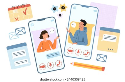 Two young people have online video call on smartphone, chatting with friends or colleagues, online web cam call, smiling men and women have meeting. Vector illustration of communication