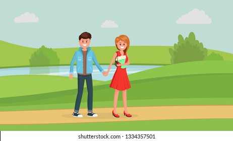 Two young people holding hands and walking in park flat style vector illustration
