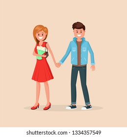 Two young people holding hands and walking flat style vector illustration isolated on light background