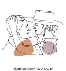 Two young people hug each other. Lovers in a hug one line. Vector illustration. One line drawing of young happy couple male and female. Romantic relationship concept. Kissing, hug, dancing together