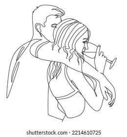 Two young people hug each other. Lovers in a hug one line. Vector illustration. One line drawing of young happy couple male and female. Romantic relationship concept. Kissing, hug, dancing together