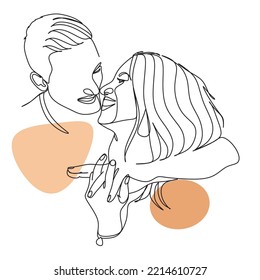 Two young people hug each other. Lovers in a hug one line. Vector illustration. One line drawing of young happy couple male and female. Romantic relationship concept. Kissing, hug, dancing together
