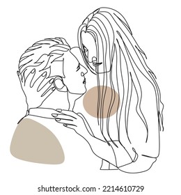 Two young people hug each other. Lovers in a hug one line. Vector illustration. One line drawing of young happy couple male and female. Romantic relationship concept. Kissing, hug, dancing together