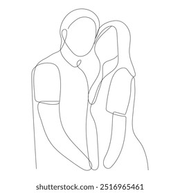 Two young people hug each other. Lovers in a hug one line. Vector illustration. One line drawing of young happy couple, male and female. Romantic relationship concept. Kissing, hug, dancing together.