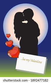 Dos jóvenes enamorados bajo la luna con corazones y tarjetas de San Valentín para saludar