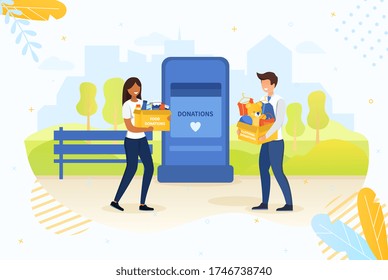 Two young people making charitable donations carrying boxes of groceries and clothes to collection box, colored vector illustration