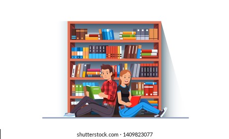 Two young people man & woman couple reading books together sitting back to back in front or big library bookcase. Student bookworms educating themselves. Flat style vector character illustration