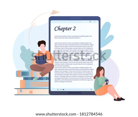 Two young people reading an e-book online using different mobile devices with tablet and text, colored vector illustration