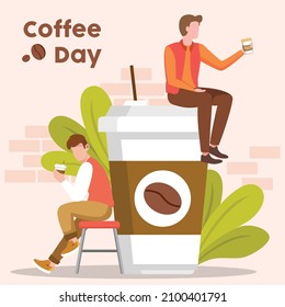 Two young people are relaxing while enjoying coffee together. Vector colorful illustration.