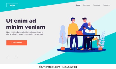 Two young people and a senior man watching movie. Guys explaining to granddad how to use laptop, flat vector illustration. Technology and entertainment concept for banner, website design or landing web page